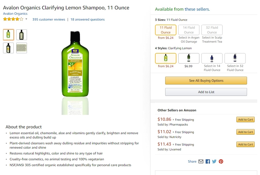 Avalon Shampoo on Amazon