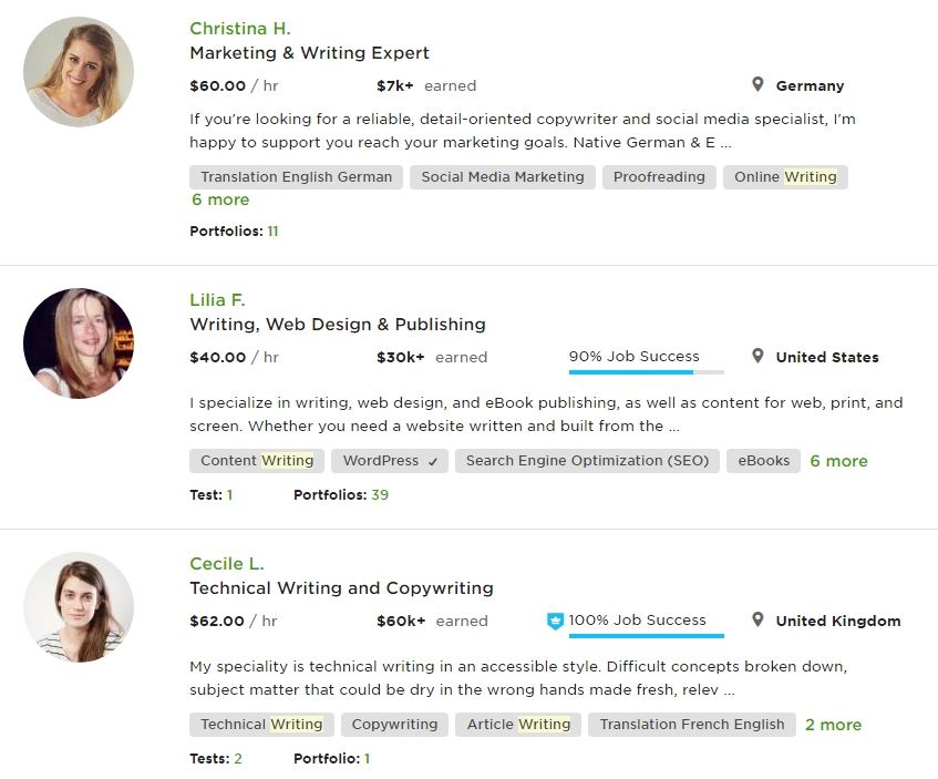 Examples of Writers Profile on Upwork