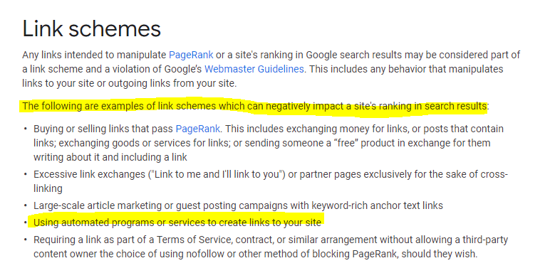 Google Webmaster Guidelines on Link Schemes