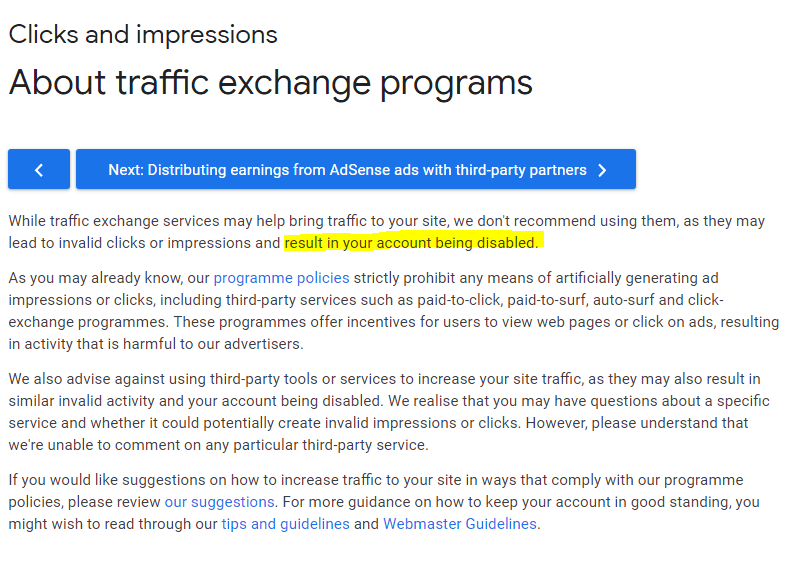 Google Adsense Guideline on Traffic Exchange Services