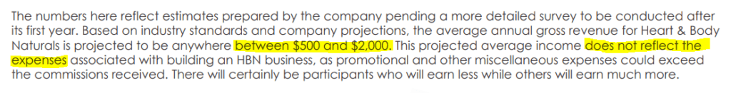 HB Naturals Income Disclaimer