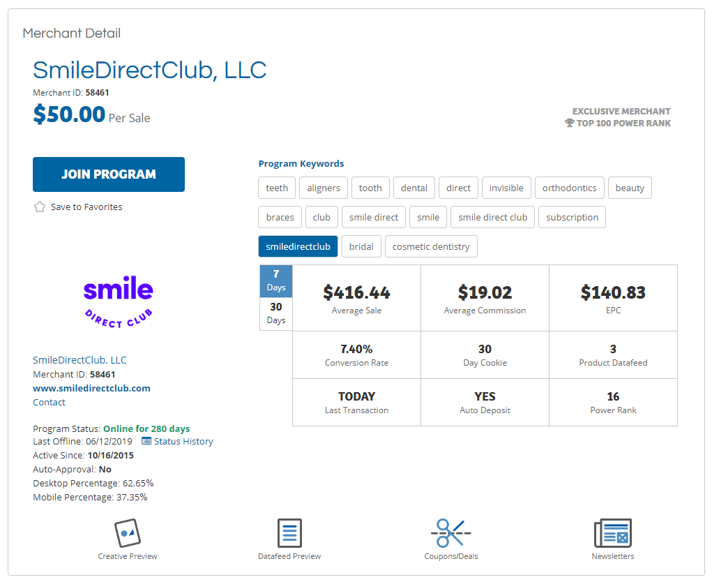 Smile Direct Club Merchant Details on ShareASale